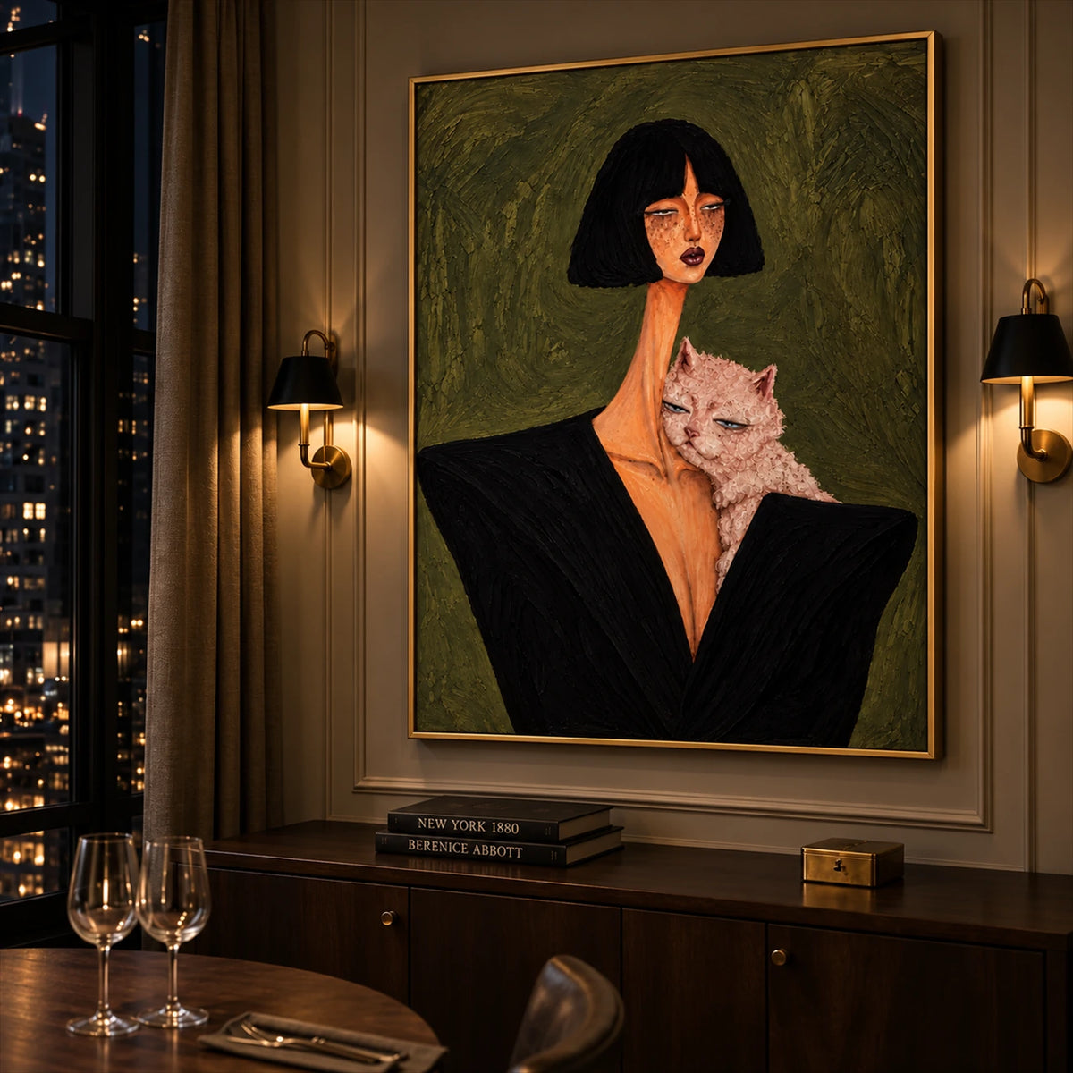 Noir Familiar artwork displayed above a dark sideboard behind a dining table.