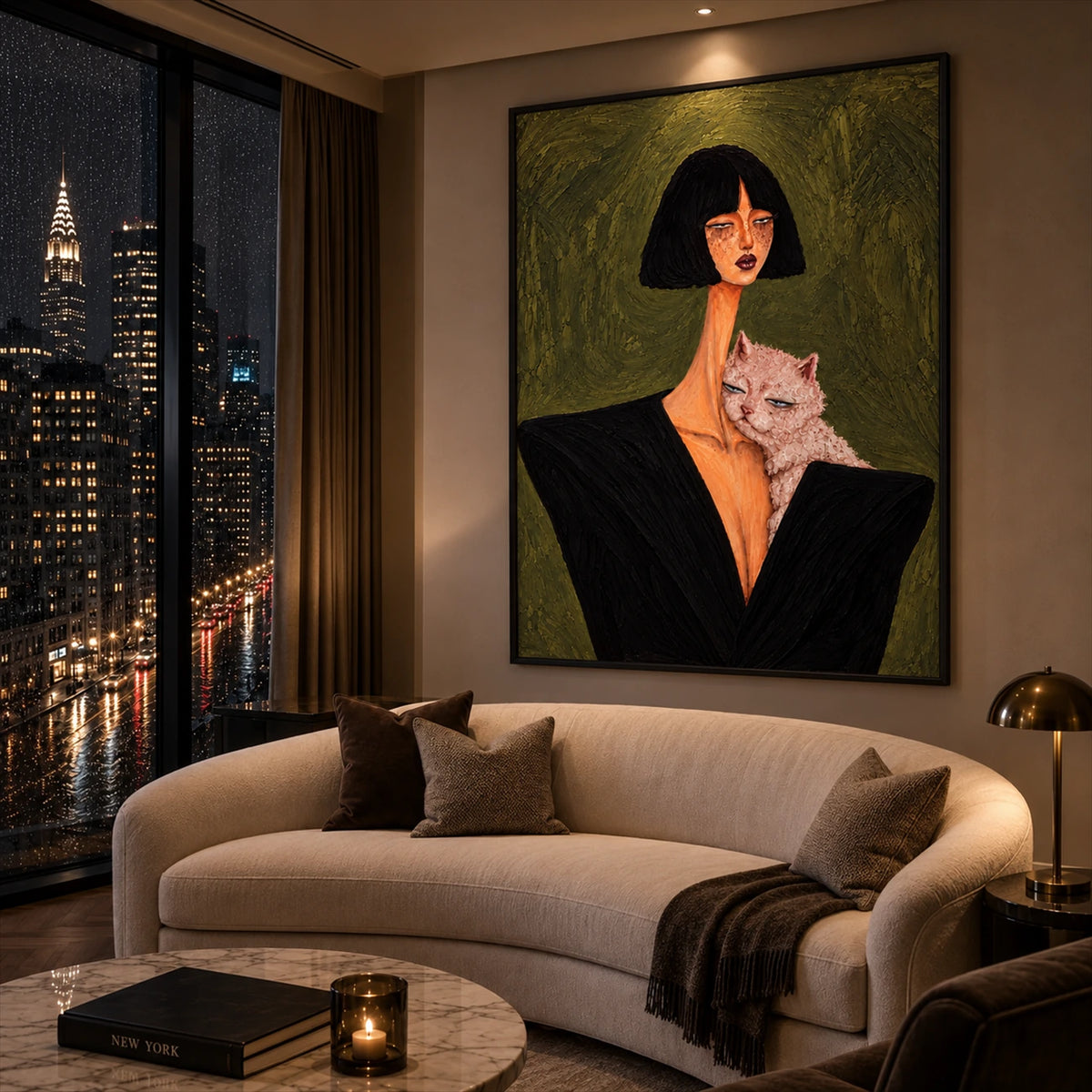 Noir Familiar artwork displayed above a cream sofa beside a tall window.