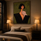 Noir Familiar artwork displayed above a bed flanked by warm bedside lamps.