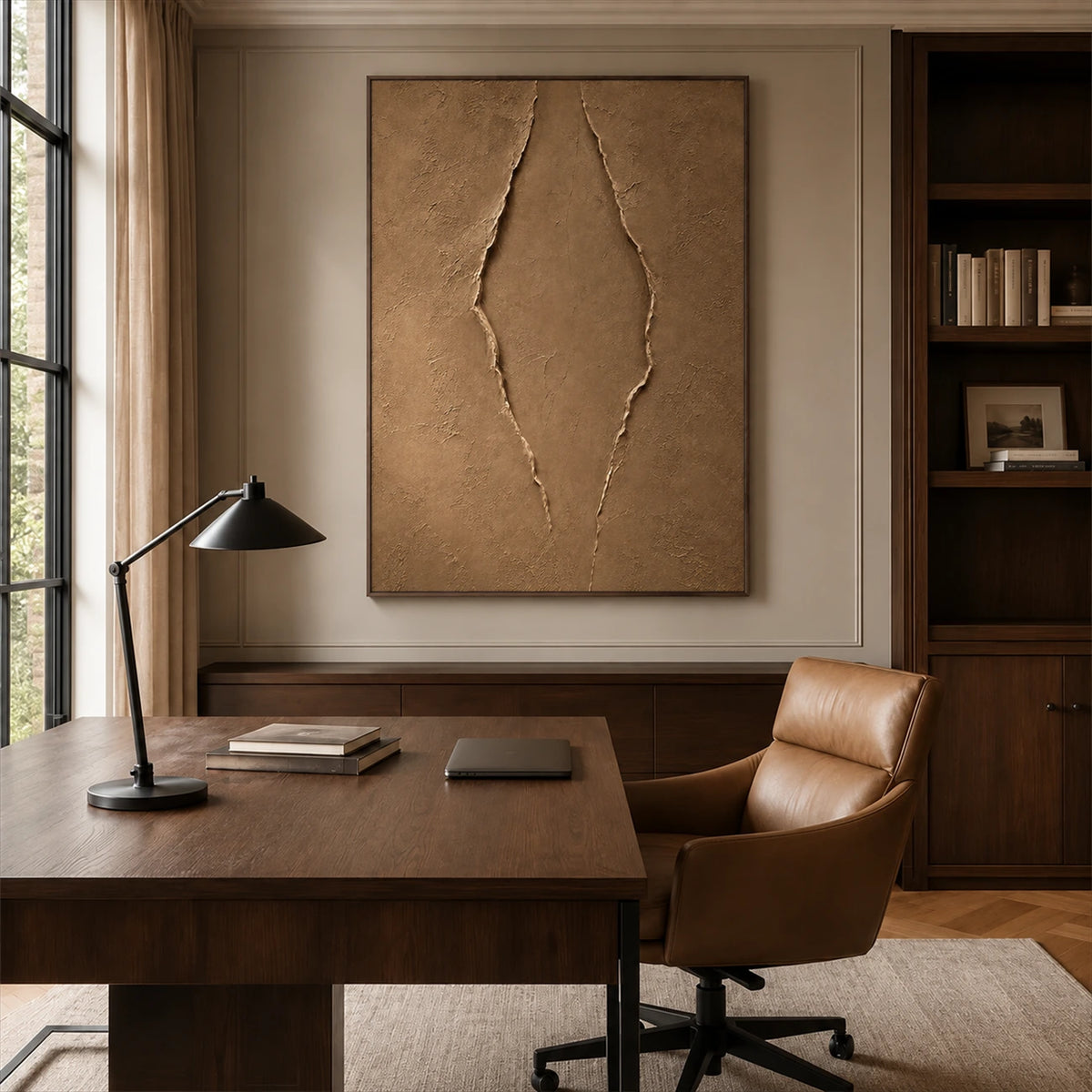 Earthen Fissure artwork displayed above a desk in a wood-paneled study.
