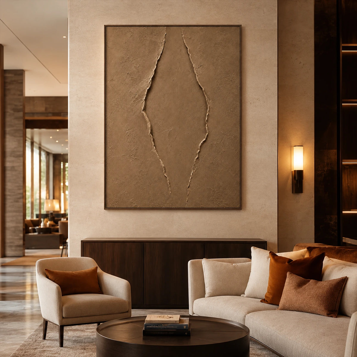 Earthen Fissure artwork displayed above a cream sofa in a warm living room.