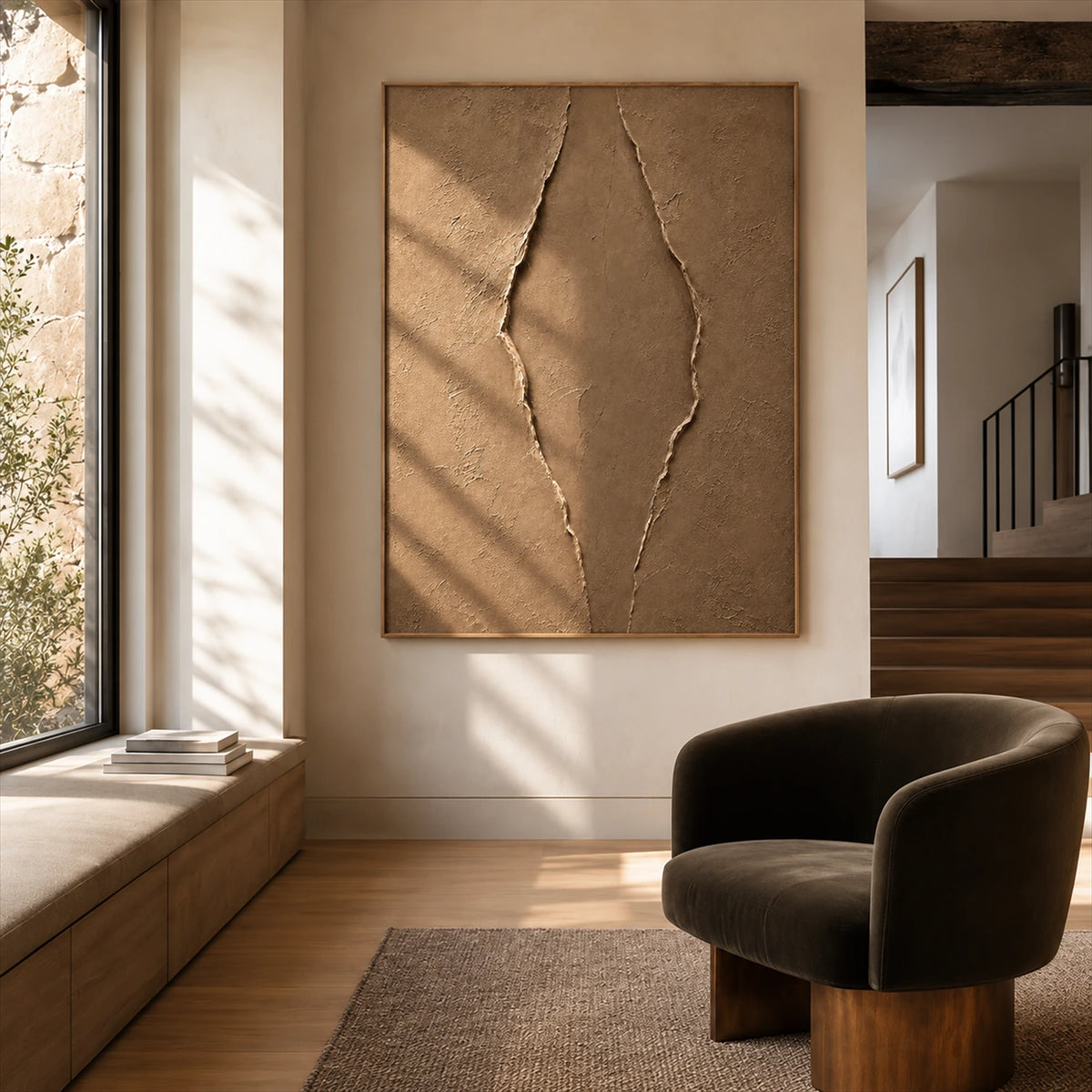 Earthen Fissure artwork displayed beside a window and dark lounge chair.