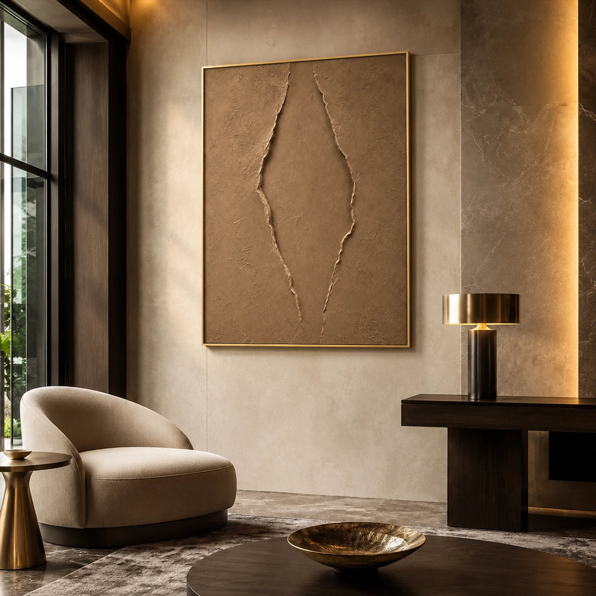 Earthen Fissure artwork displayed above a cream armchair beside a dark coffee table.