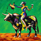Emerald Rodeo full artwork. A colorful rider balances on a black bull against a vivid green field, raising a glass in a playful toast.