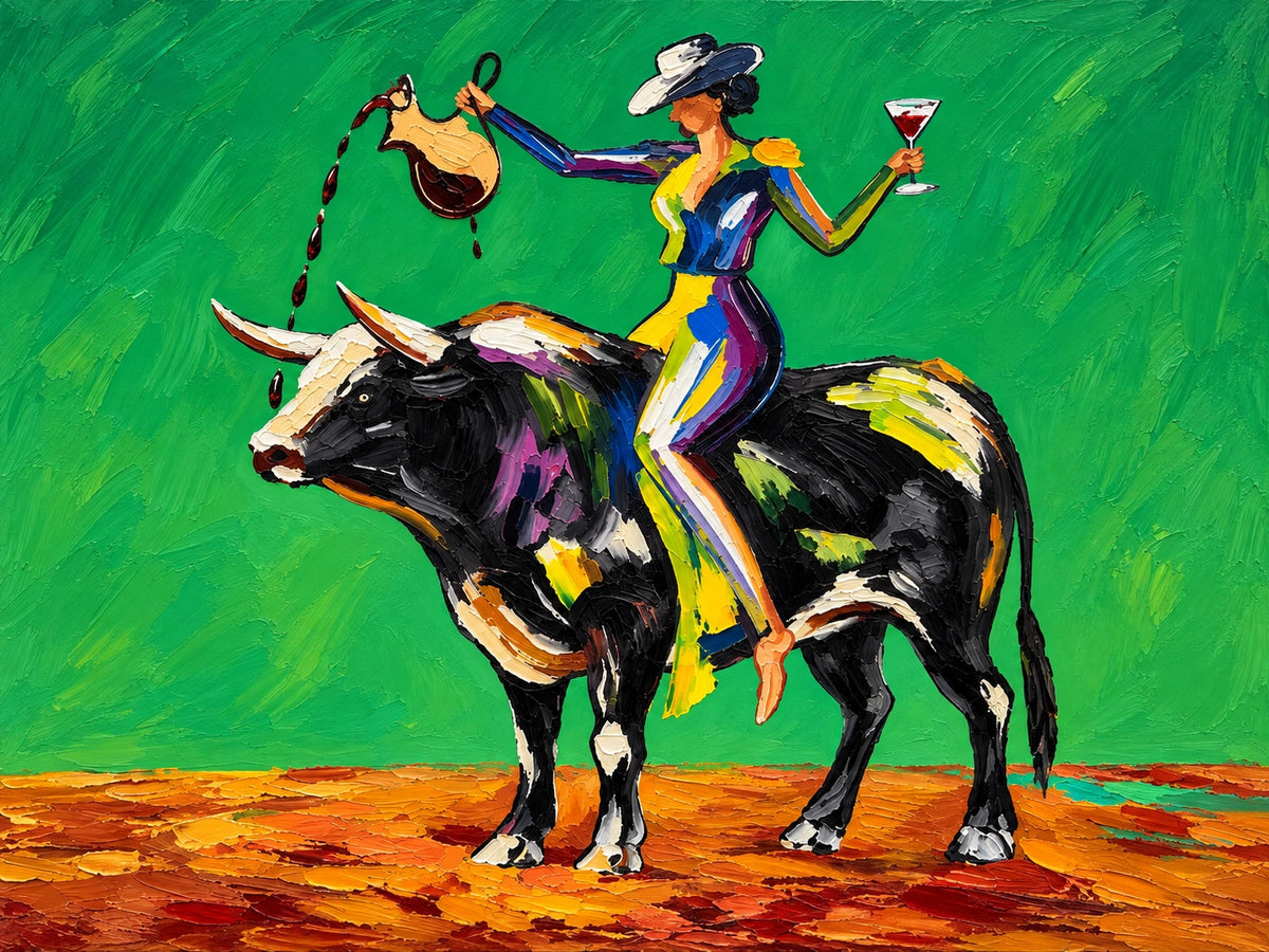 Emerald Rodeo full artwork. A colorful rider balances on a black bull against a vivid green field, raising a glass in a playful toast.