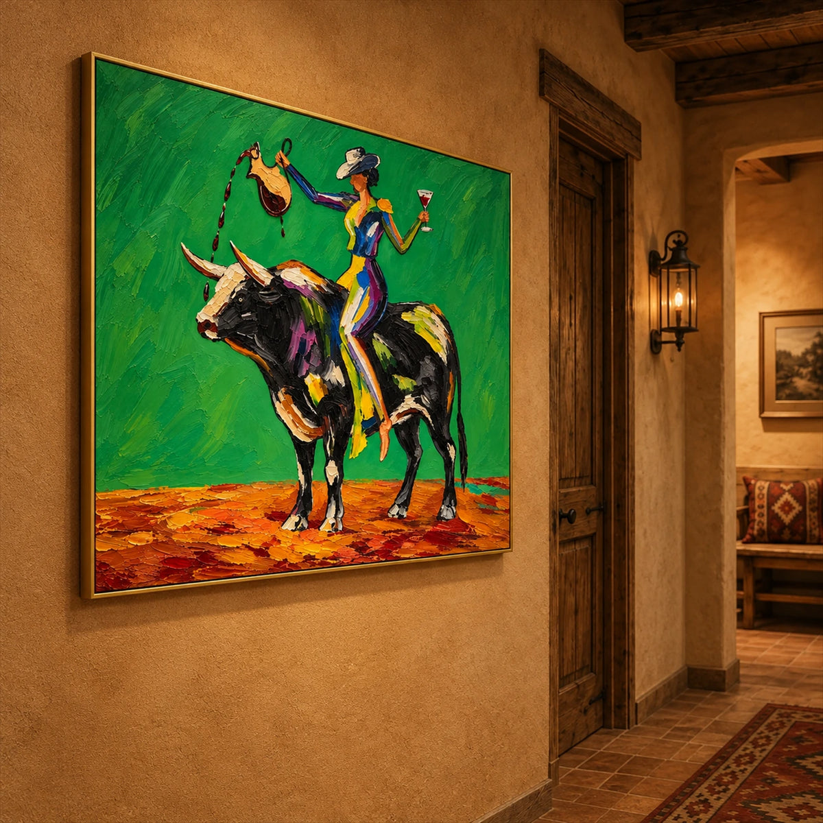 Emerald Rodeo artwork displayed in a warm terracotta hallway.