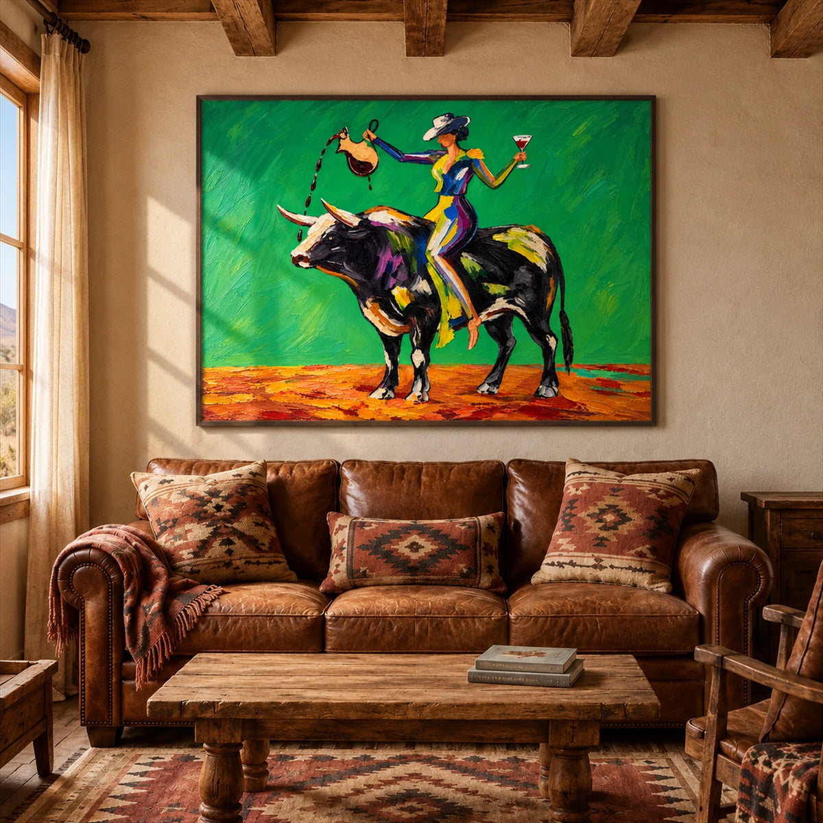 Emerald Rodeo artwork displayed above a leather sofa beneath timber beams.