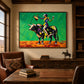 Emerald Rodeo artwork displayed above a console in a rustic sitting room.