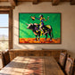 Emerald Rodeo artwork displayed above a wooden dining bench and table.