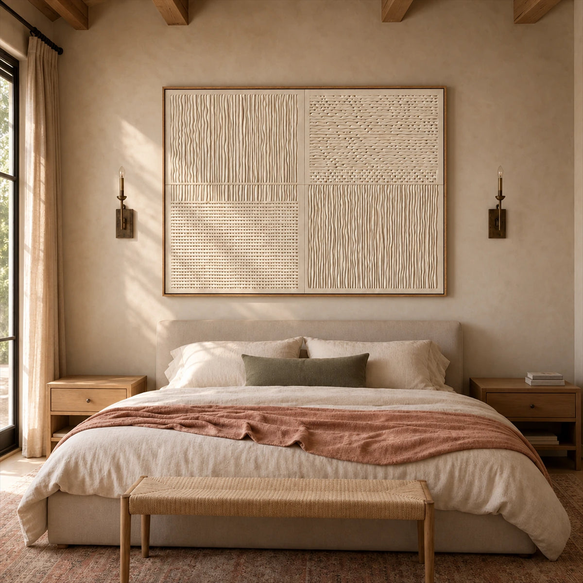 Ivory Quadrants artwork displayed above a bed with neutral linens.