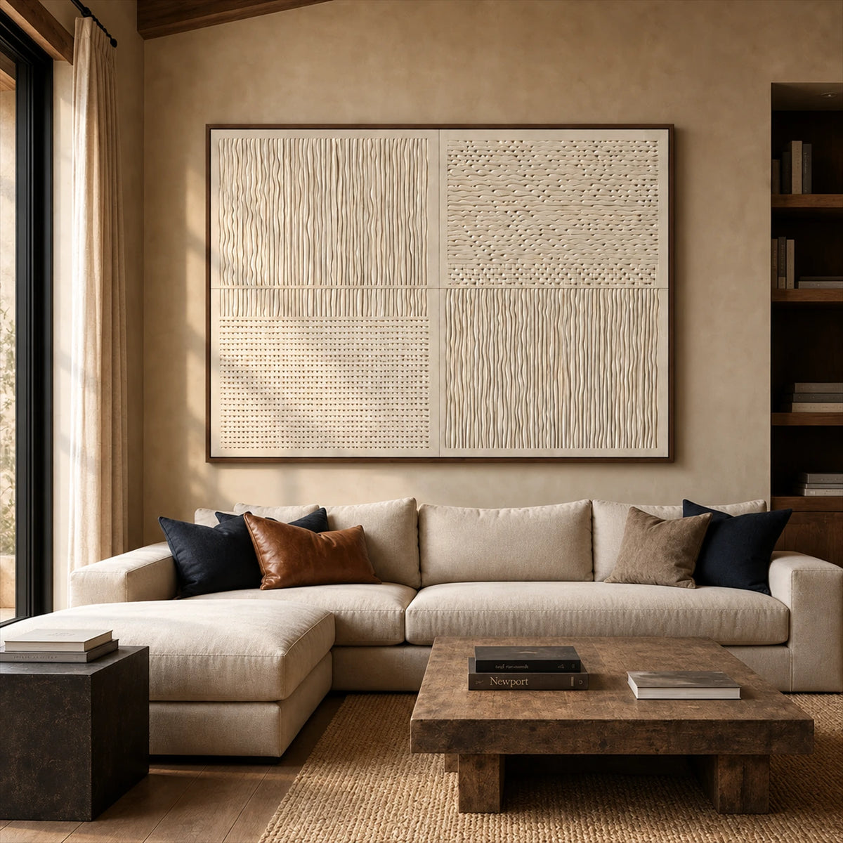 Ivory Quadrants artwork displayed above a cream sectional sofa.
