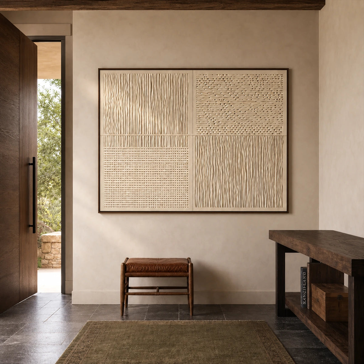 Ivory Quadrants artwork displayed above a wooden bench beside an open doorway.