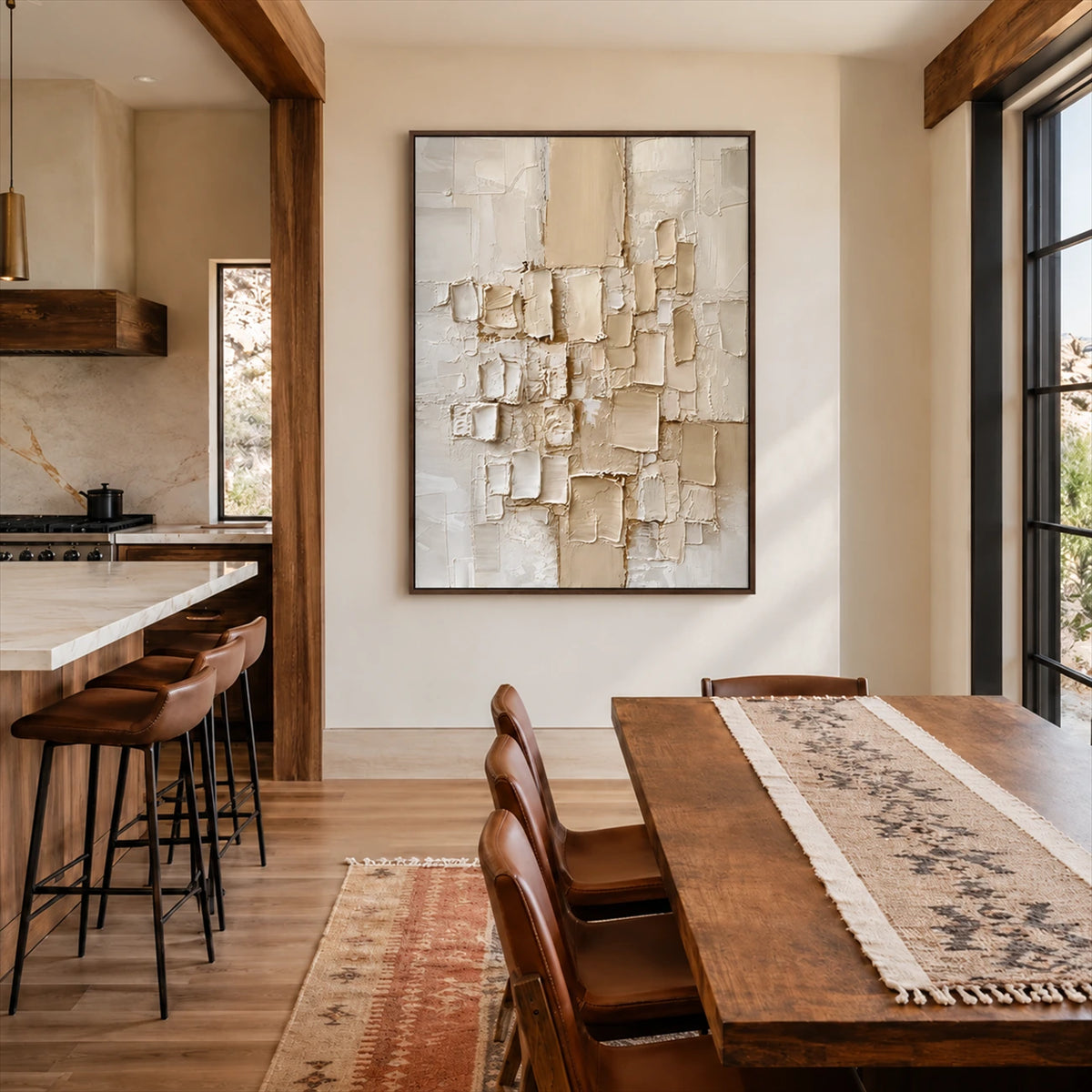 Ivory Strata artwork displayed beside a wooden dining table.