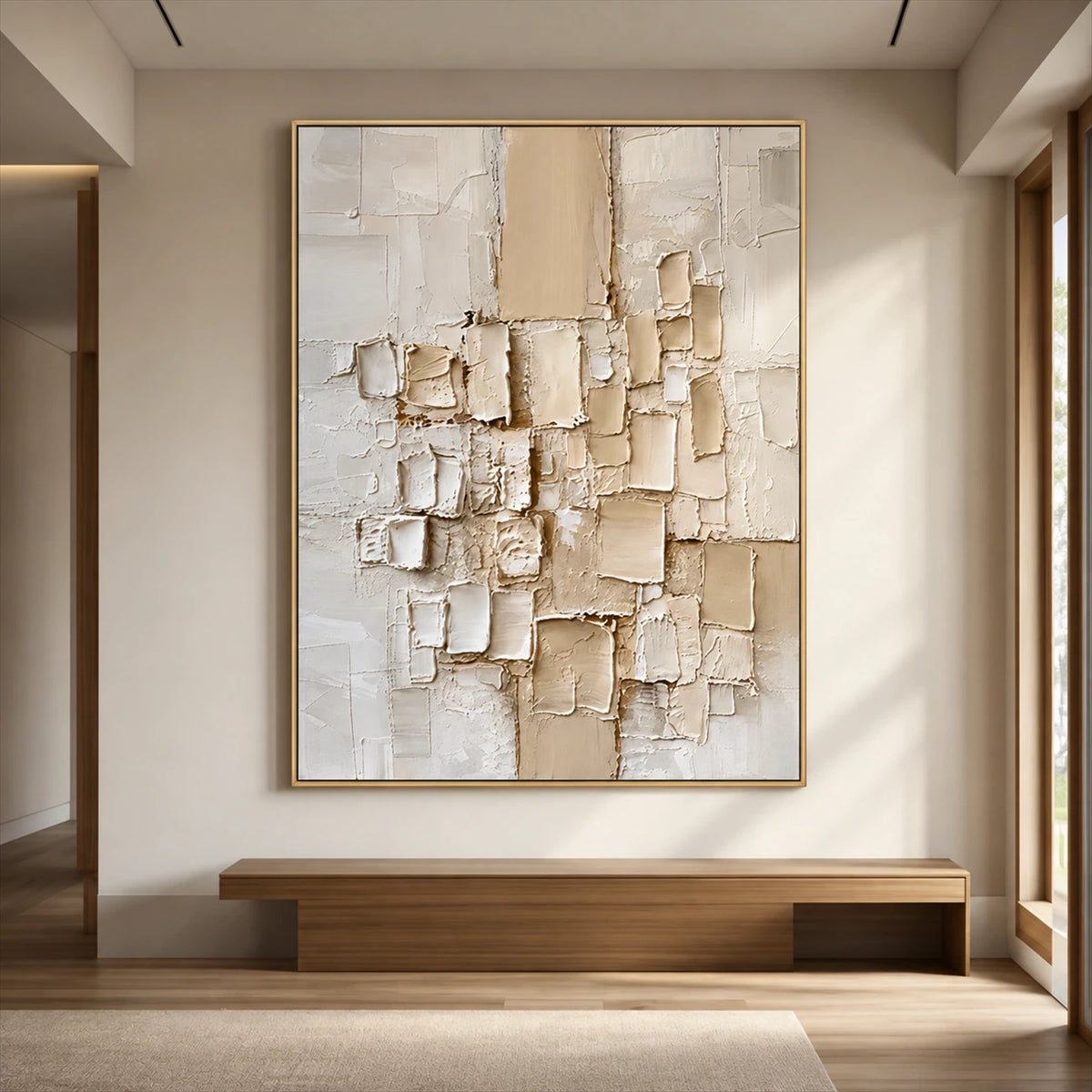 Ivory Strata artwork displayed above a low wooden entryway bench.