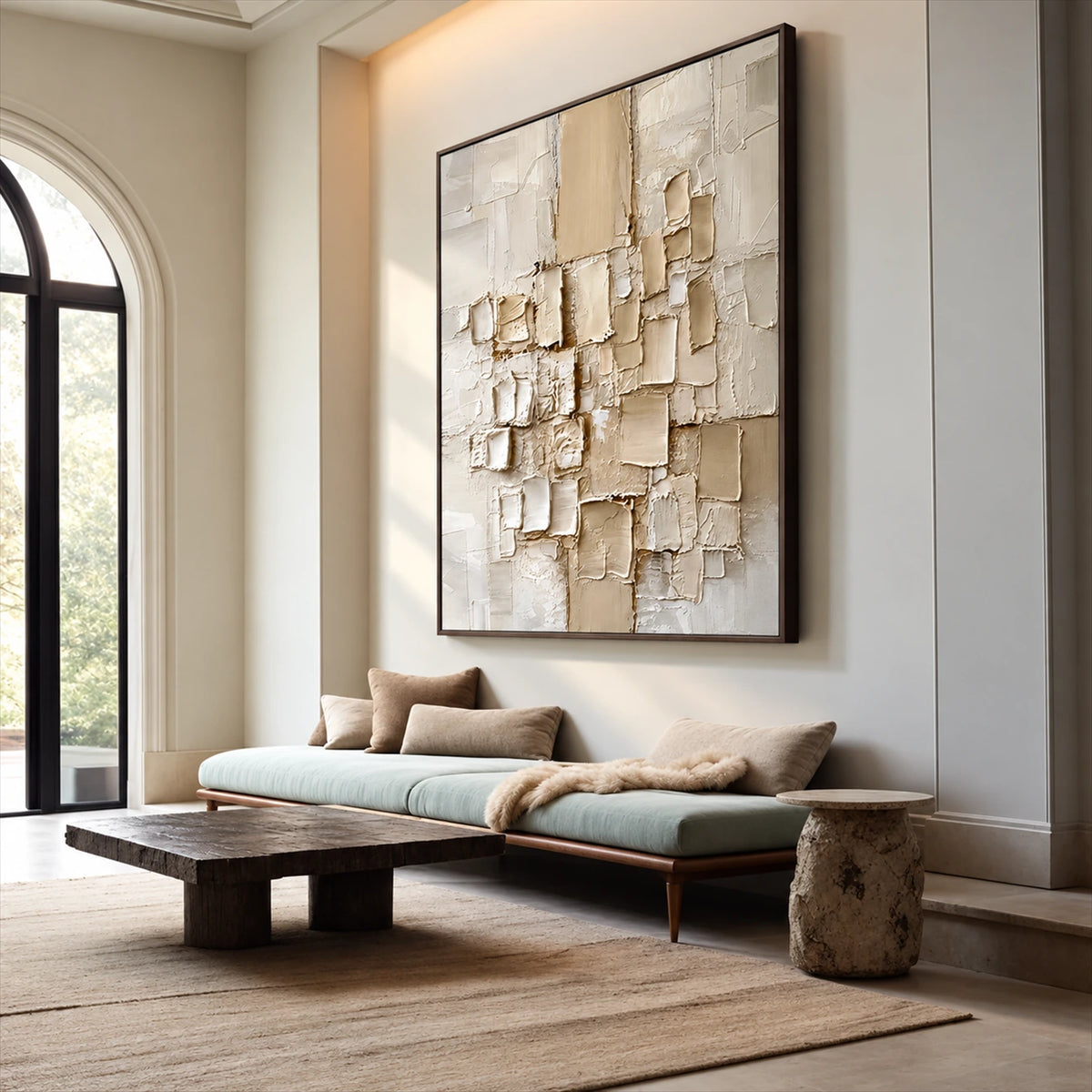 Ivory Strata artwork displayed above a pale sofa near an arched window.