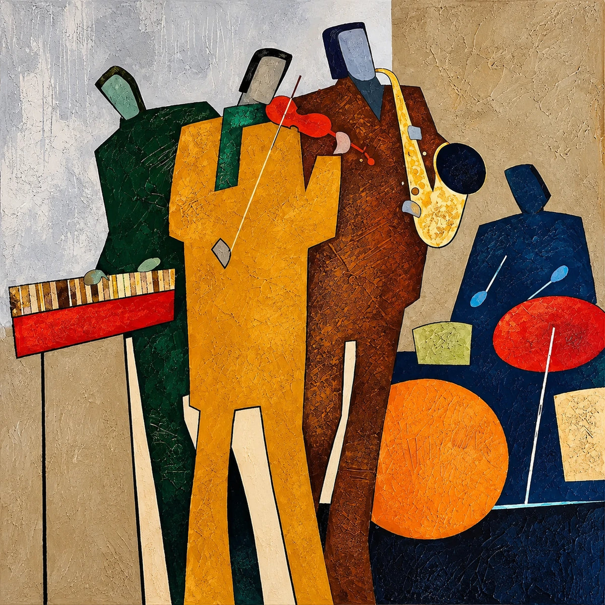 Syncopated Hues full artwork. Geometric musicians gather in a vivid arrangement of ochre, green, blue, and red.