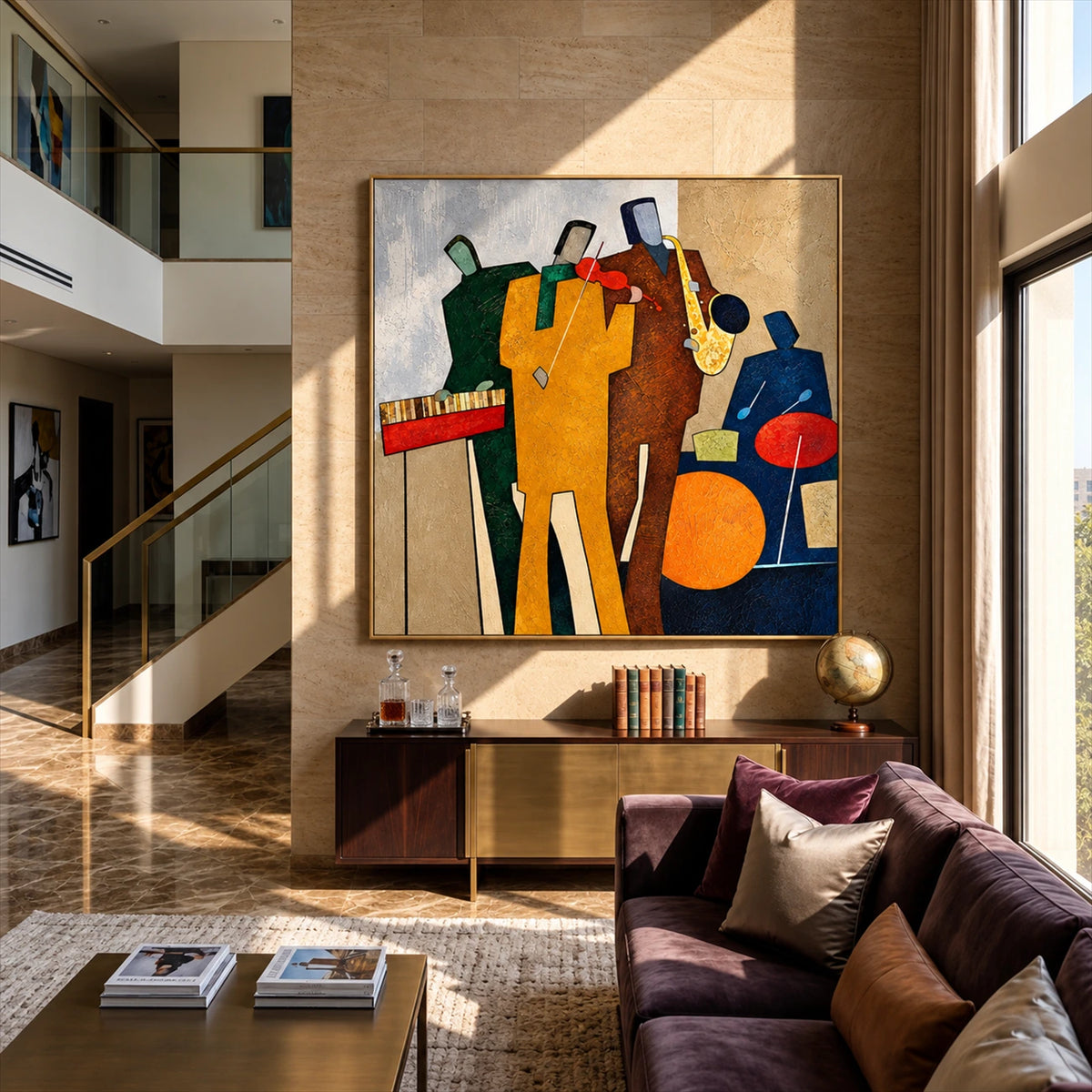 Syncopated Hues artwork displayed above a console in a tall sunlit lounge.