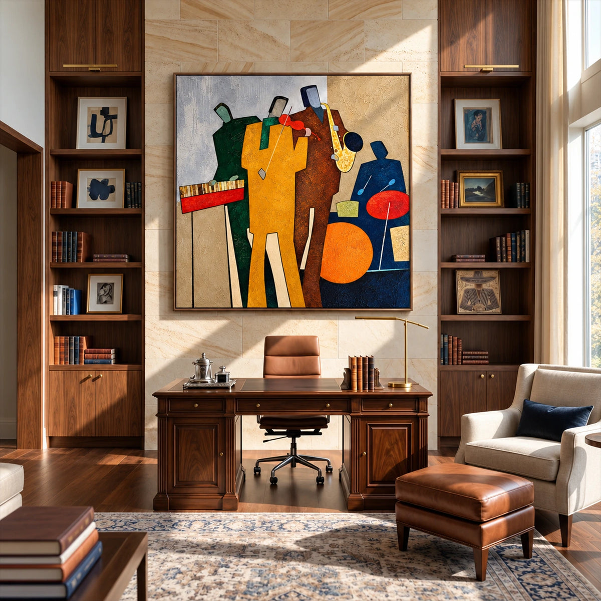 Syncopated Hues artwork displayed above a desk between built-in bookshelves.
