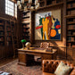 Syncopated Hues artwork displayed behind a desk in a paneled library.