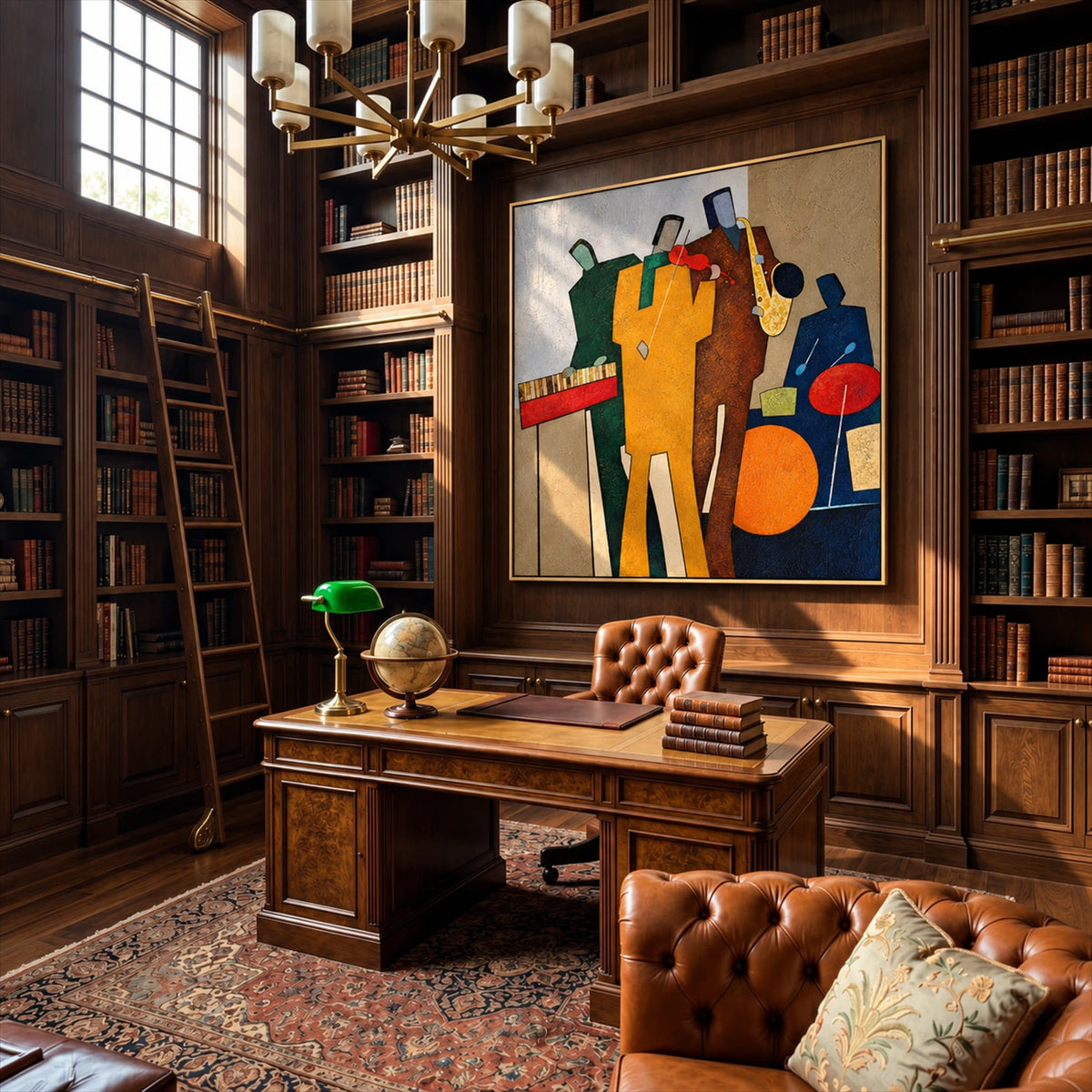 Syncopated Hues artwork displayed behind a desk in a paneled library.