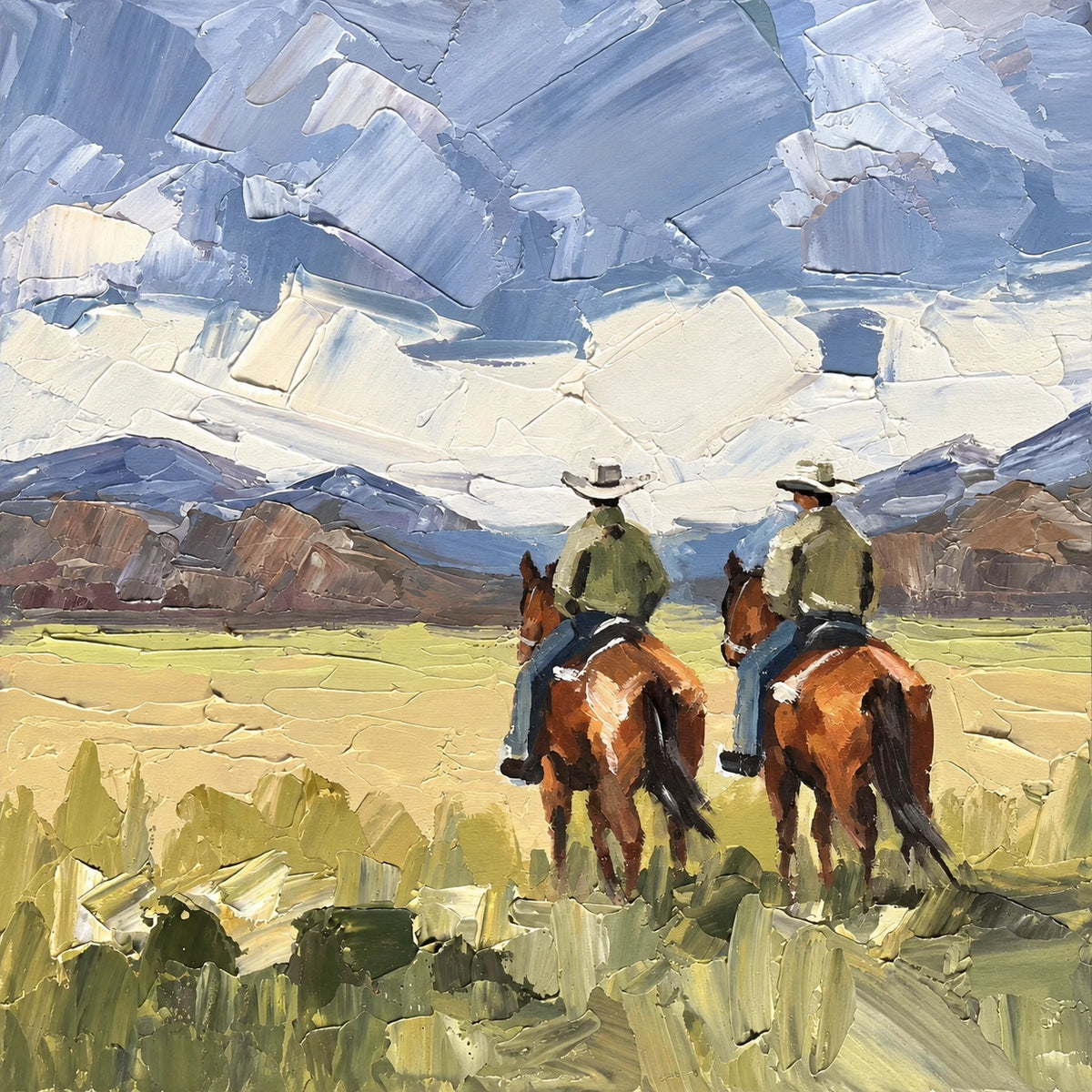 Prairie Companions full artwork. Two riders cross an open prairie beneath a sweeping blue sky.