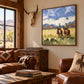 Prairie Companions artwork displayed above leather seating beside a timber window.