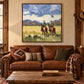 Prairie Companions artwork displayed above a leather sofa in a western living room.