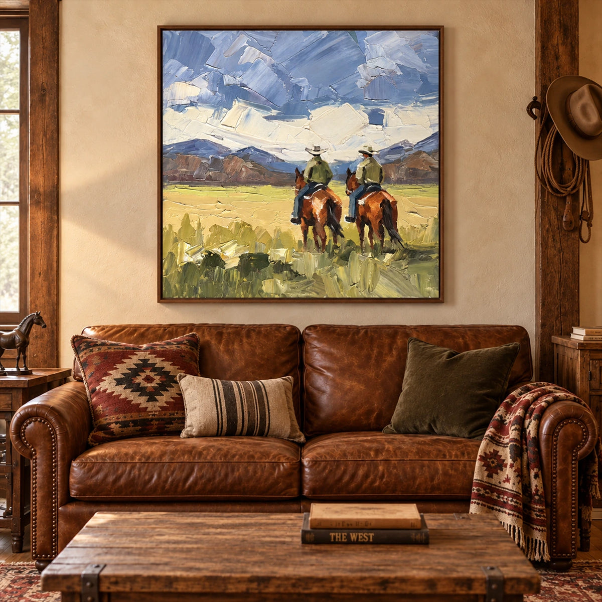 Prairie Companions artwork displayed above a leather sofa in a western living room.