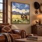 Prairie Companions artwork displayed above a leather armchair beside western decor.