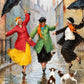 Rainy Revelry full artwork. Three friends dance beneath umbrellas on a rain-soaked street while playful dogs gather at their feet.