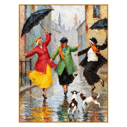 Rainy Revelry artwork in a gold frame on a transparent background.