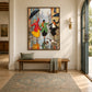 Rainy Revelry artwork displayed above a bench beside an arched window.