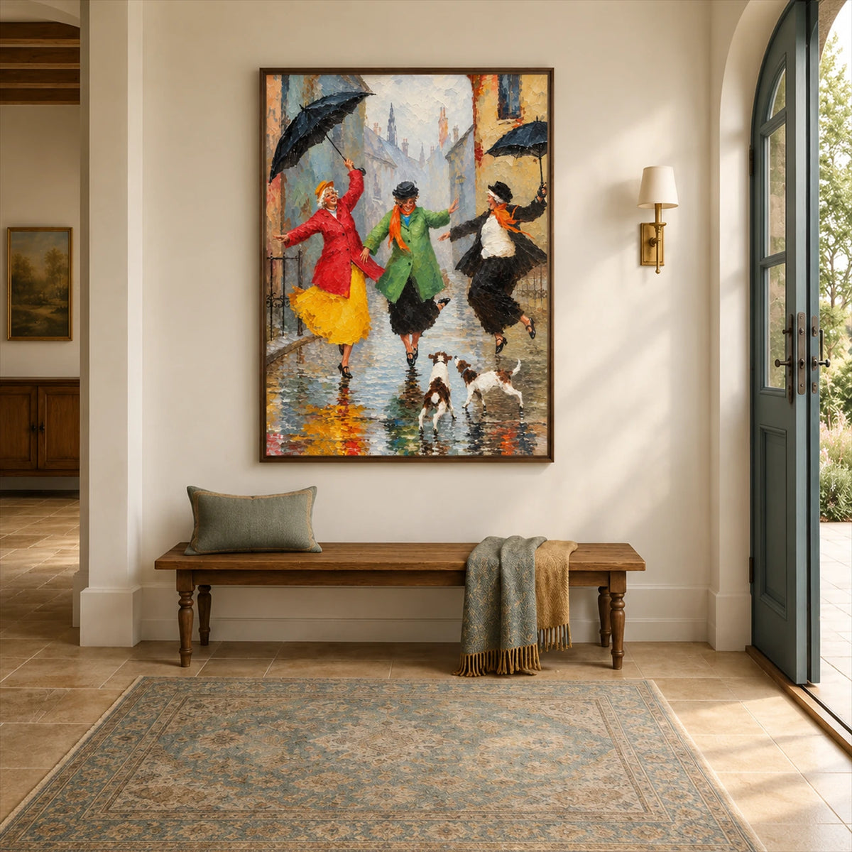 Rainy Revelry artwork displayed above a bench beside an arched window.