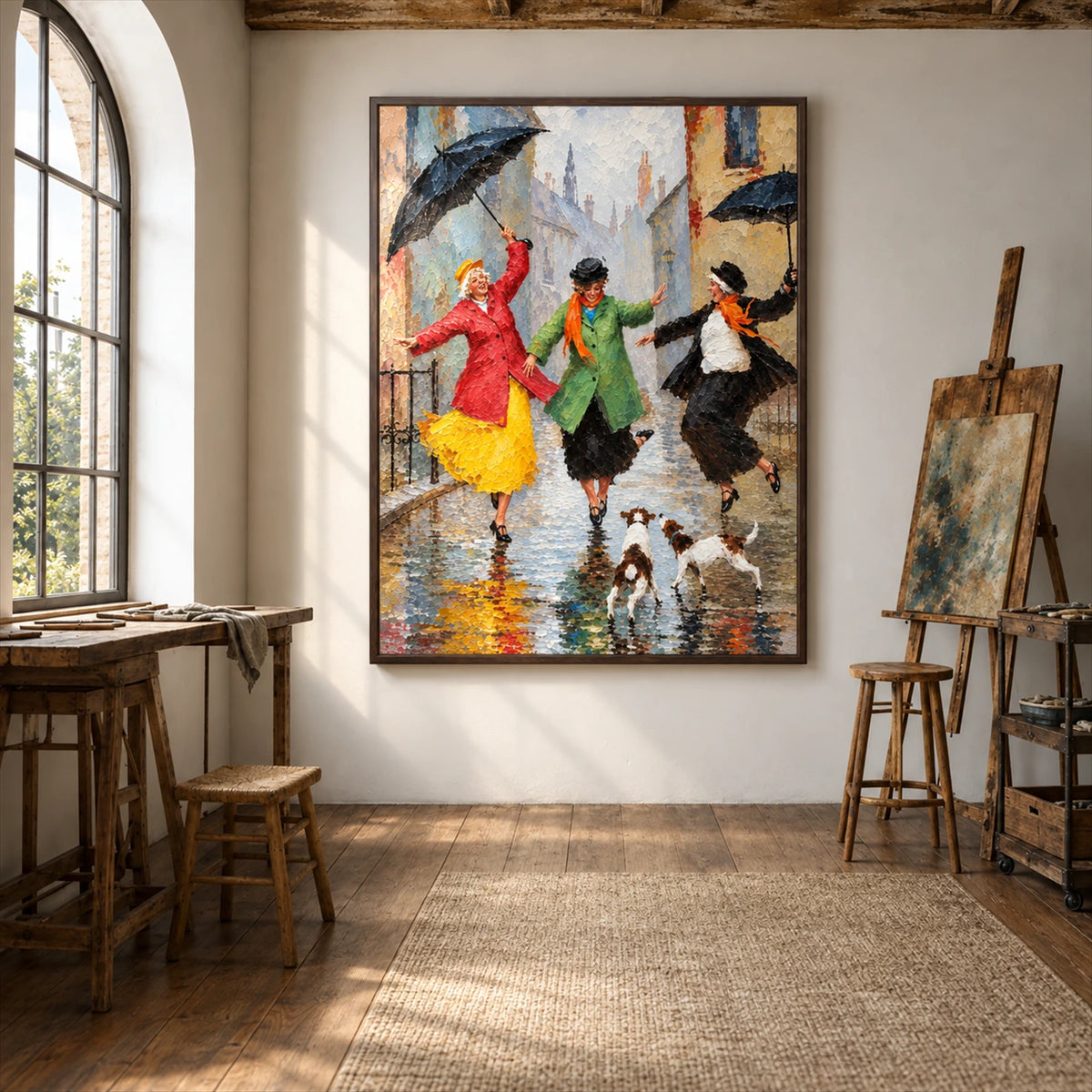 Rainy Revelry artwork displayed beside an easel in a sunlit studio.