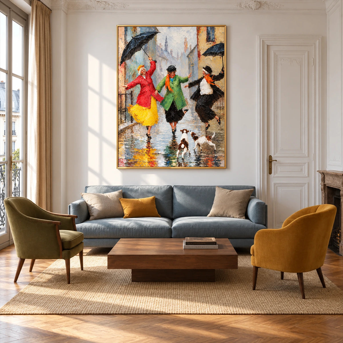 Rainy Revelry artwork displayed above a blue sofa with colorful accent chairs.