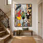 Rainy Revelry artwork displayed above a bench beside an ornate staircase.