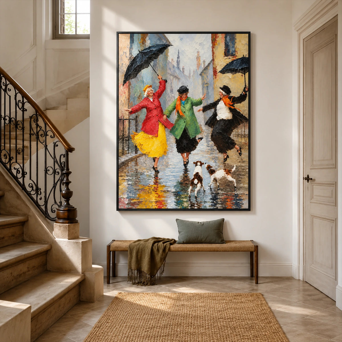 Rainy Revelry artwork displayed above a bench beside an ornate staircase.