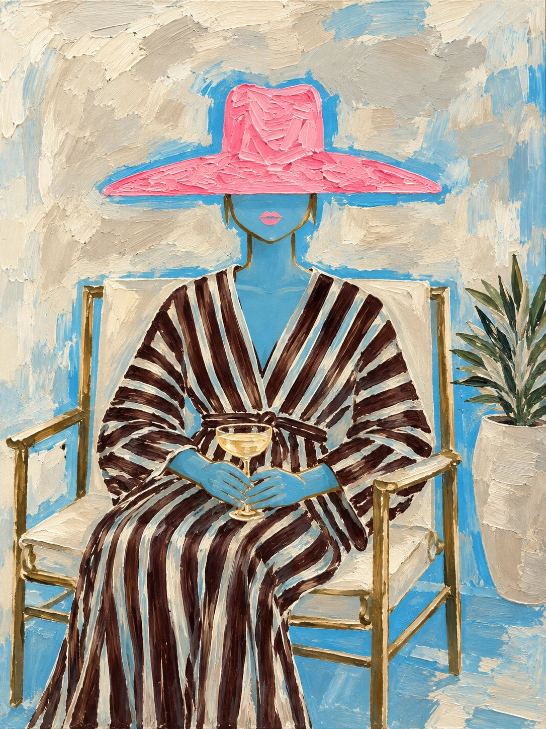 Fuchsia Reverie full artwork. A seated figure in a striped robe holds a cup beneath an oversized pink hat.