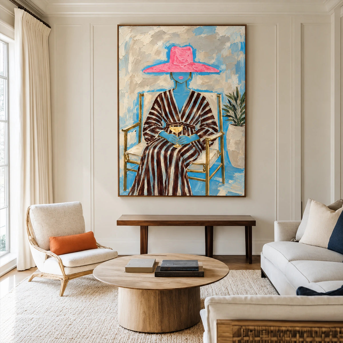 Fuchsia Reverie artwork displayed above a bench between pale lounge chairs.