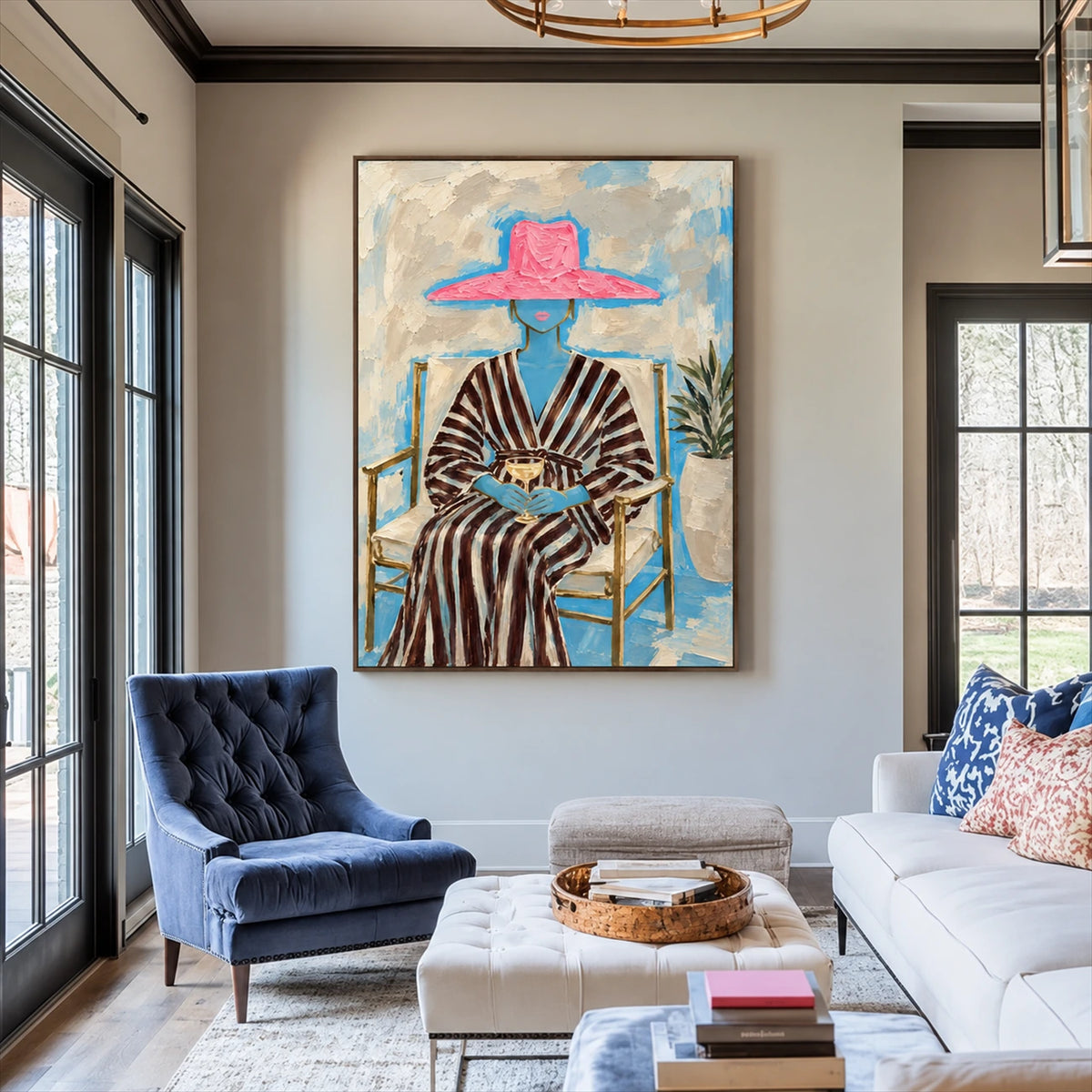 Fuchsia Reverie artwork displayed above a blue armchair and pale sofa.