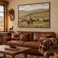 Pasture Watch artwork displayed above a leather sofa beside a sunlit window.