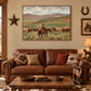 Pasture Watch artwork displayed above leather seating and a wooden coffee table.