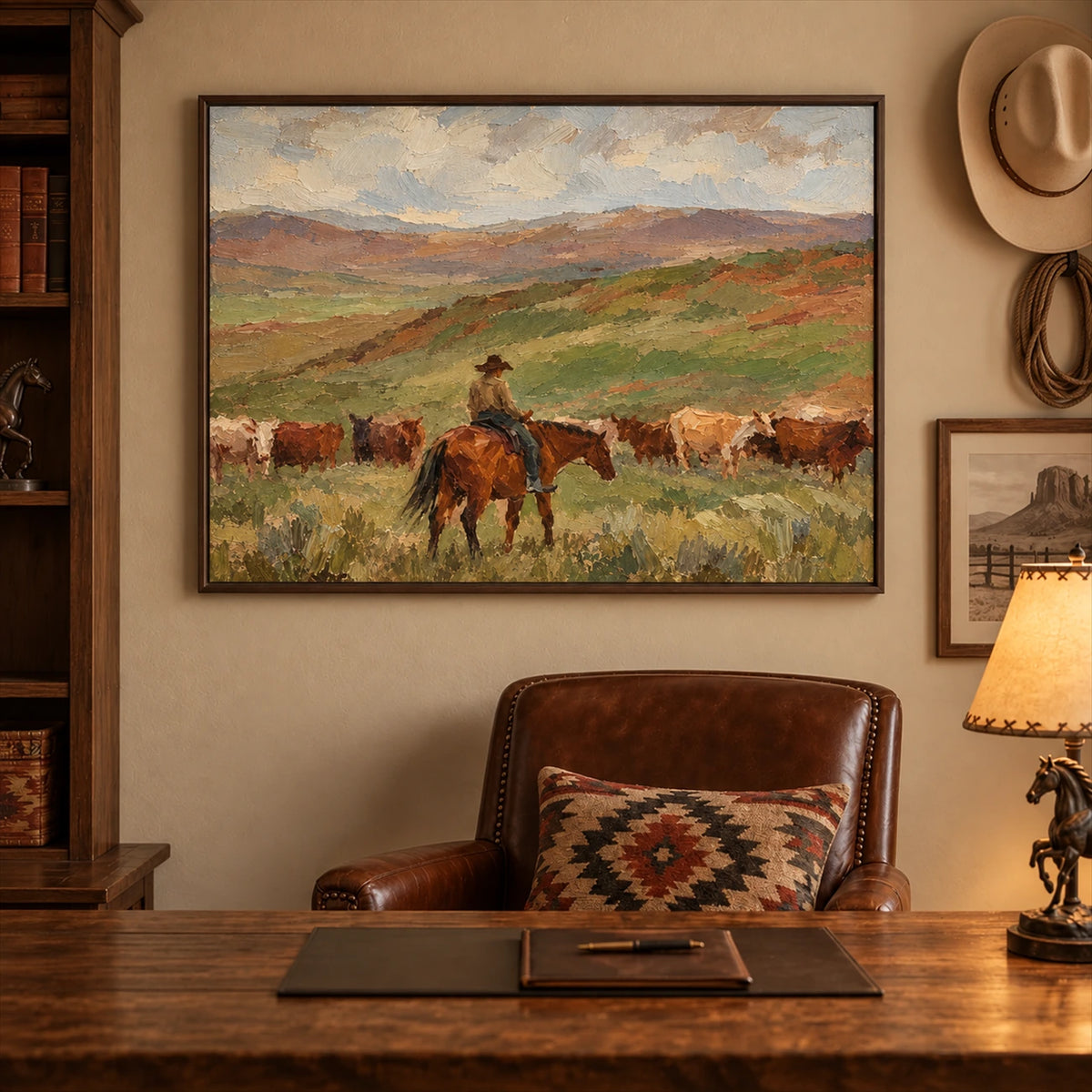 Pasture Watch artwork displayed behind a leather chair in a rustic study.