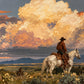 Cloudbound Rider full artwork. A rider on a pale horse looks across open country beneath towering sunset clouds.