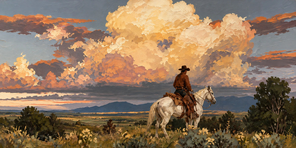 Cloudbound Rider full artwork. A rider on a pale horse looks across open country beneath towering sunset clouds.