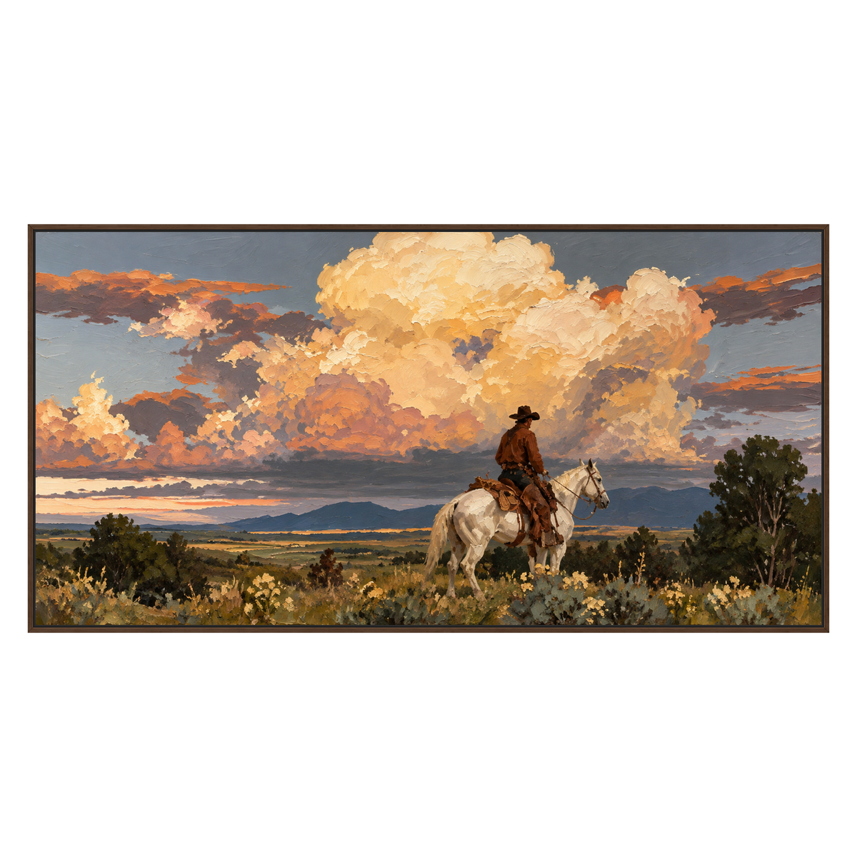 Cloudbound Rider artwork in a dark wood frame on a transparent background.