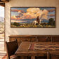 Cloudbound Rider artwork displayed above a sideboard beside a wooden dining table.