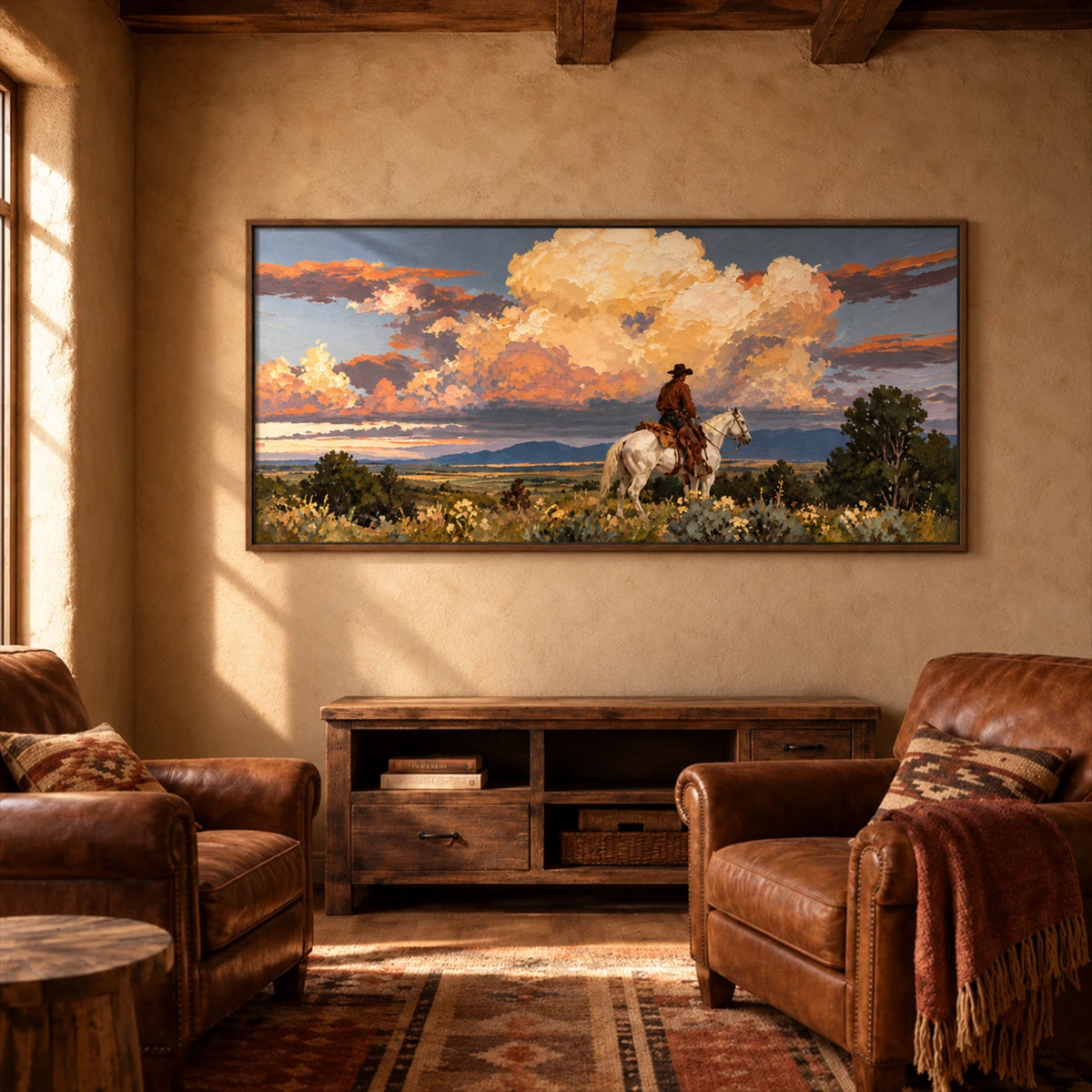 Cloudbound Rider artwork displayed above leather armchairs in a rustic lounge.