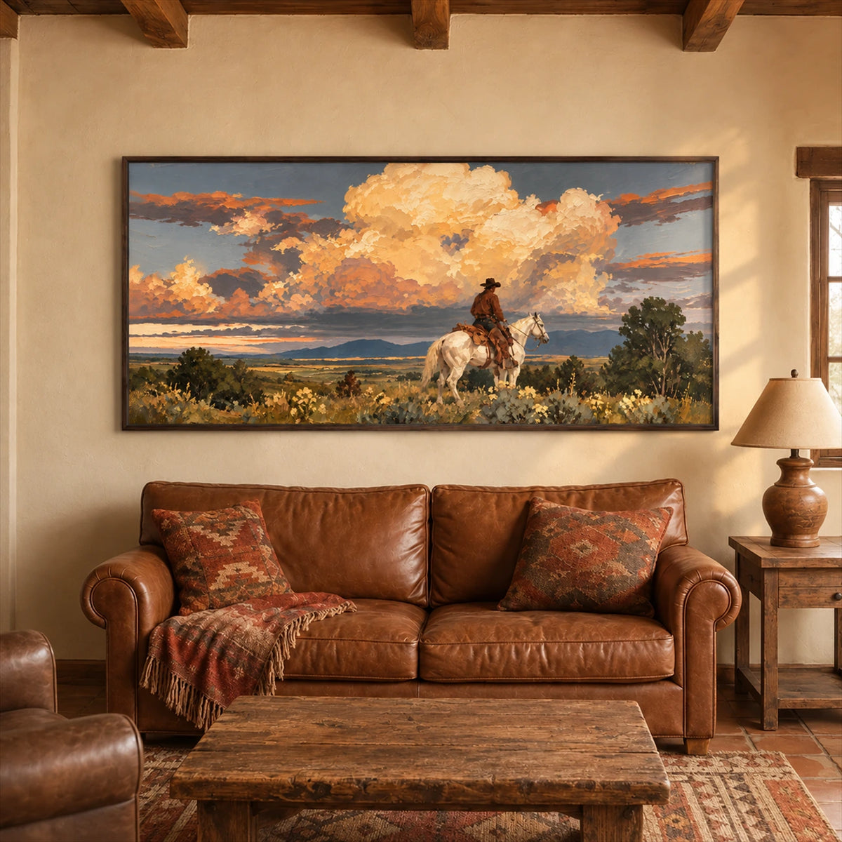 Cloudbound Rider artwork displayed above a sofa and wooden coffee table.
