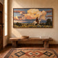 Cloudbound Rider artwork displayed above a long wooden entryway bench.
